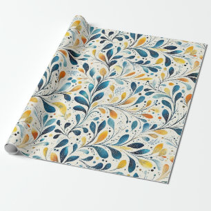 Navy Teal Amber Botanical Leaf Pattern Wrapping Paper