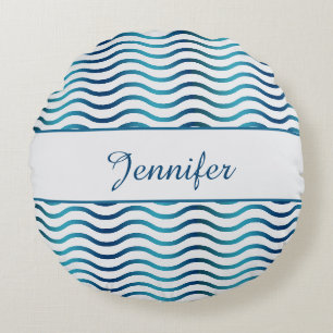 Navy & Teal Blue Gradient Waves Coastal Decor Round Pillow