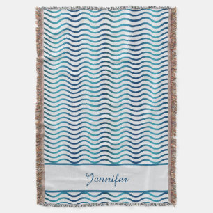 Navy & Teal Blue Gradient Waves Coastal Decor Throw Blanket