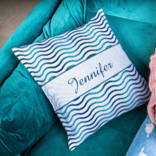 Navy & Teal Blue Gradient Waves Coastal Decor Throw Pillow