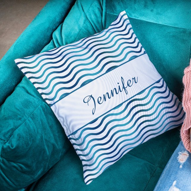 Navy & Teal Blue Gradient Waves Coastal Decor Throw Pillow (Navy and Teal Blue Gradient Nautical Waves Coastal Decor Theme Throw Pillow)