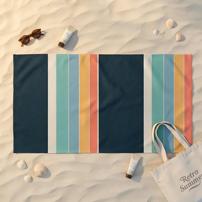 Navy, Teal & Gold Retro Stripe, 70s Modern Style Beach Towel (Creator Uploaded)