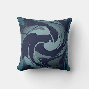 Navy Teal Shades Grey Swirling Floral Abstract Throw Pillow