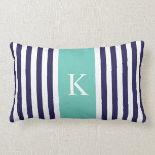 Navy Teal Stripes Monogram Lumbar Pillow