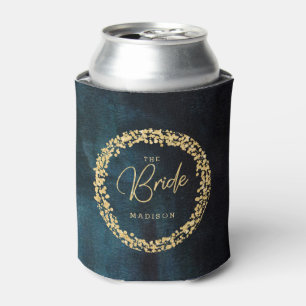 Navy Teal Watercolor & Gold Confetti Wedding Bride Can Cooler