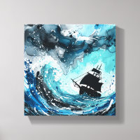 Navy & Teal Watercolor Ocean Canvas Stormy Seas