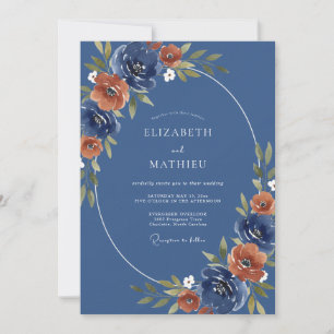 Navy Terracotta Floral Arrangement Wedding Invitation