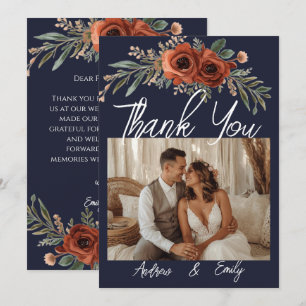 Navy Terracotta Floral Boho Wedding Thank You Card