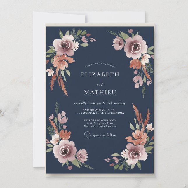 Navy Terracotta Foliage Eucalyptus Wedding Invitation (Front)