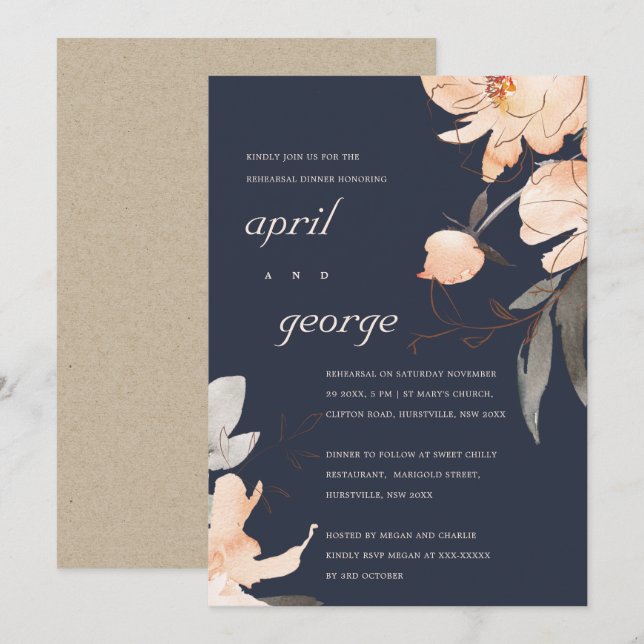 NAVY TERRACOTTA RED FLORAL REHEARSAL DINNER INVITE (Front/Back)