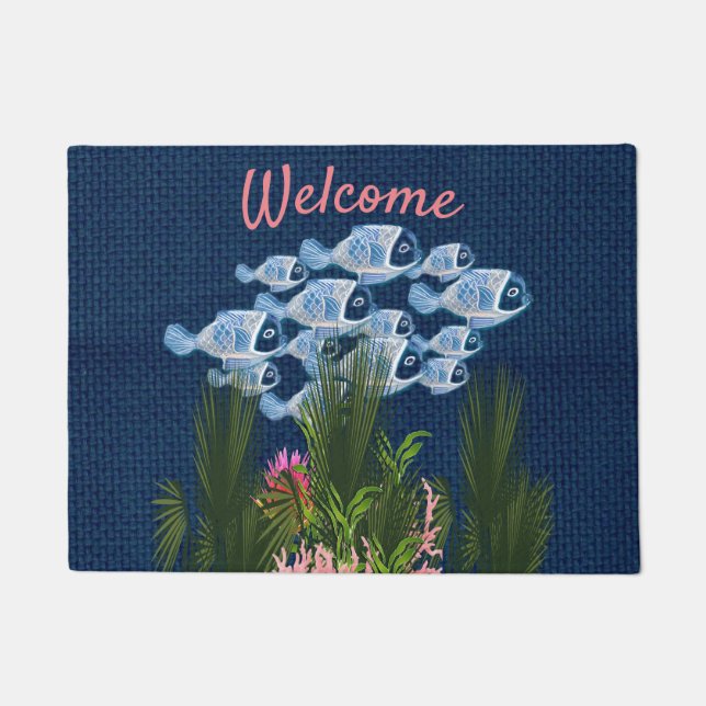 Navy Textured,Fish,Pink-Coral Doormat (Front)