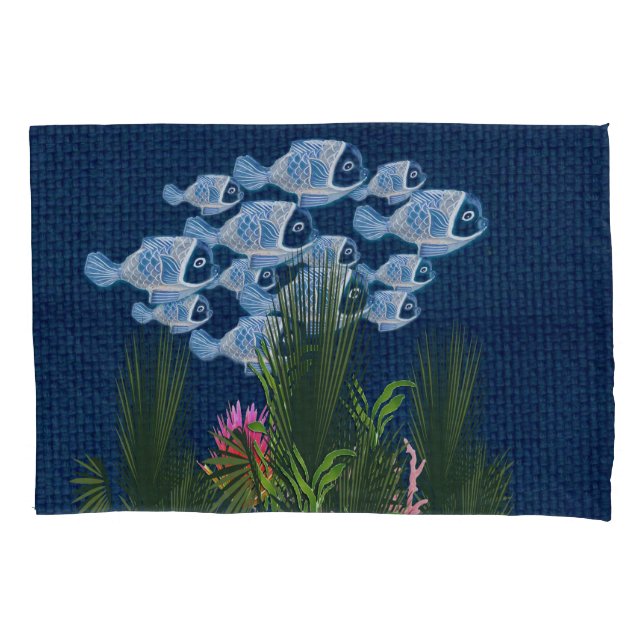 Navy Textured,Fish,Pink-Coral Pillowcase (Front)