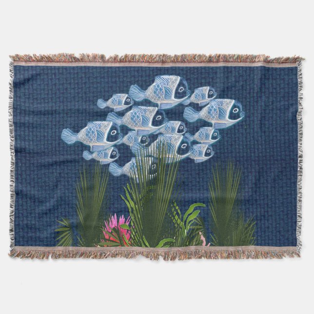 Navy Textured,Fish,Pink-Coral Throw Blanket (Front)