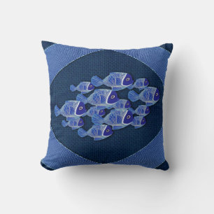 Navy textured,Fish,Pink-Coral Throw Pillow