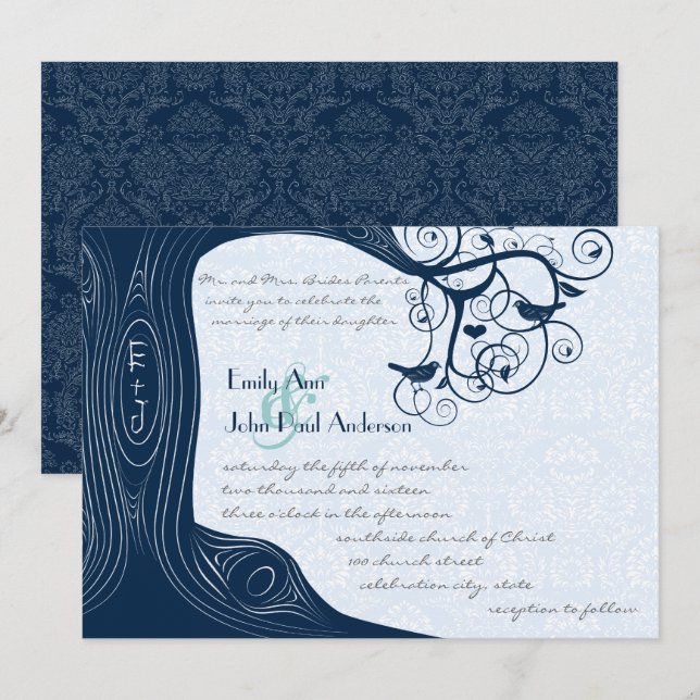 Navy Tree Swirls  Wedding Invitation (Front/Back)