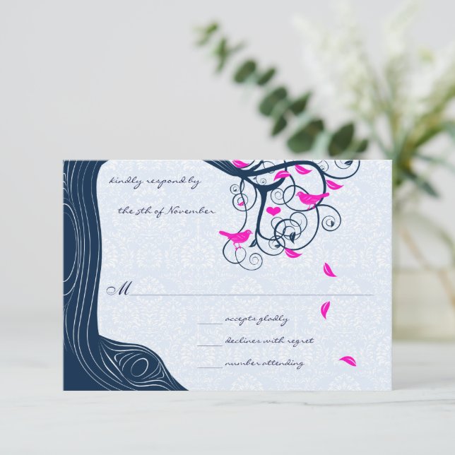 Navy Tree Swirls Wedding RSVP Invitations (Standing Front)