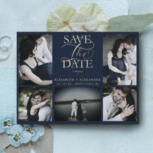 Navy Trendy Chic Collage Wedding Covid19 5 Photos Postcard