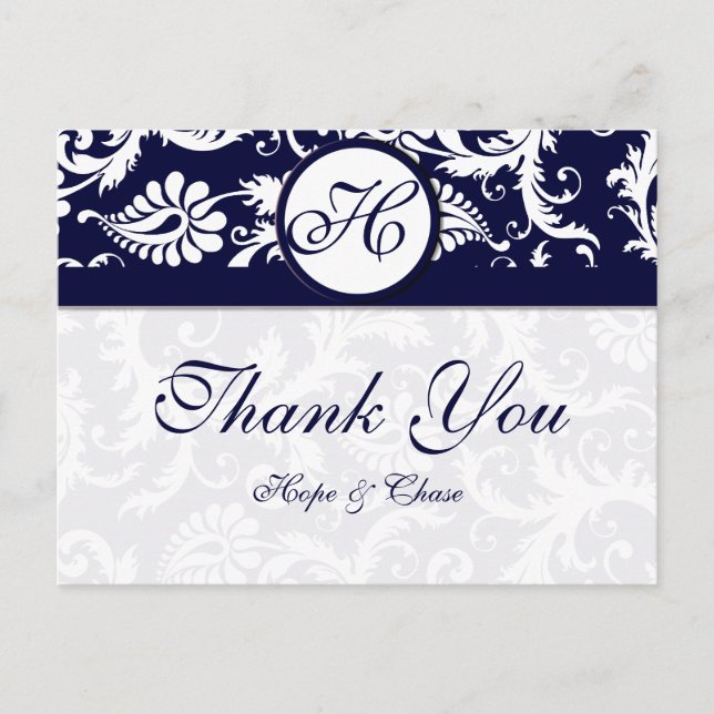 Navy Trim Damask Swirls Thank You Cards (Front)