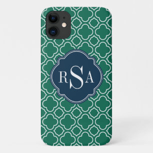 Navy Triple Monogram Emerald Quatrefoil Pattern iPhone 11 Case