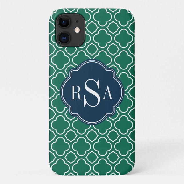 Navy Triple Monogram Emerald Quatrefoil Pattern Case-Mate iPhone Case (Back)