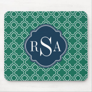 Navy Triple Monogram Emerald Quatrefoil Pattern Mouse Pad