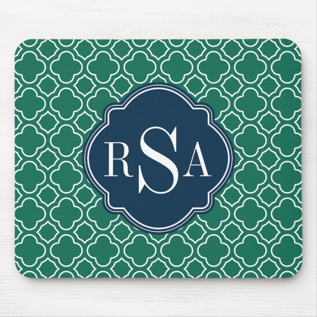 Navy Triple Monogram Emerald Quatrefoil Pattern Mouse Pad (Front)