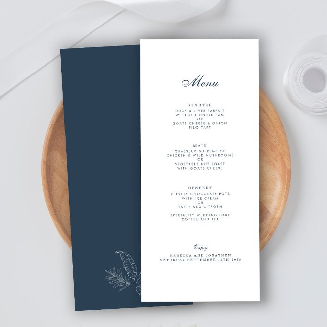 Navy Tropical Leaf Wedding Menu Card (Creator Uploaded)