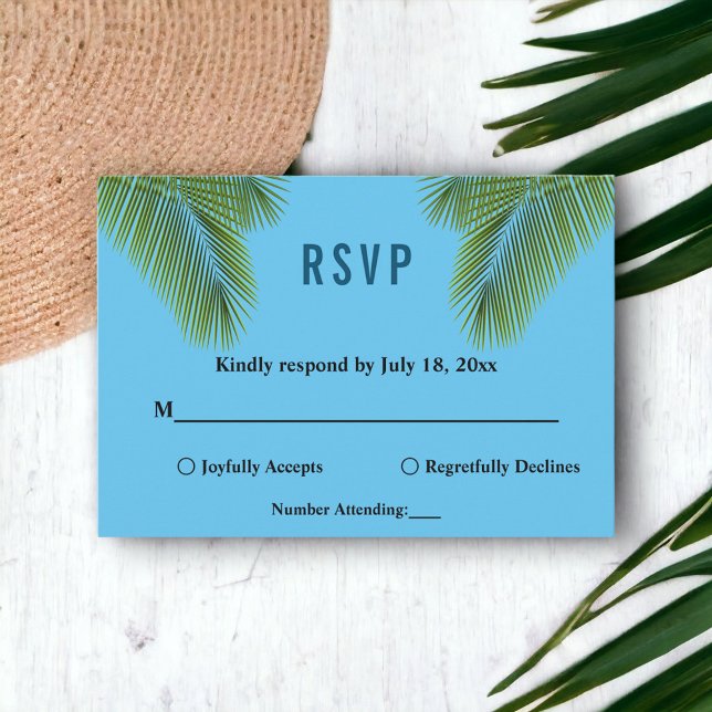 Navy Tropical Palm Blue Beach Coastal Wedding RSVP Card (Creator Uploaded)