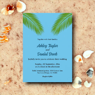 Navy Tropical Palm Leaf Blue Coastal Beach Wedding Invitation