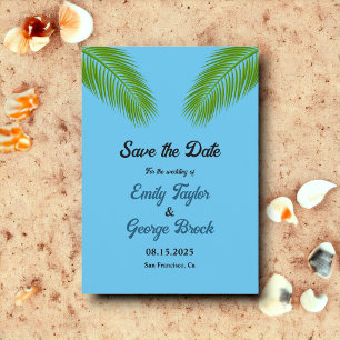 Navy Tropical Palm Leaves Blue Beach Wedding Save The Date