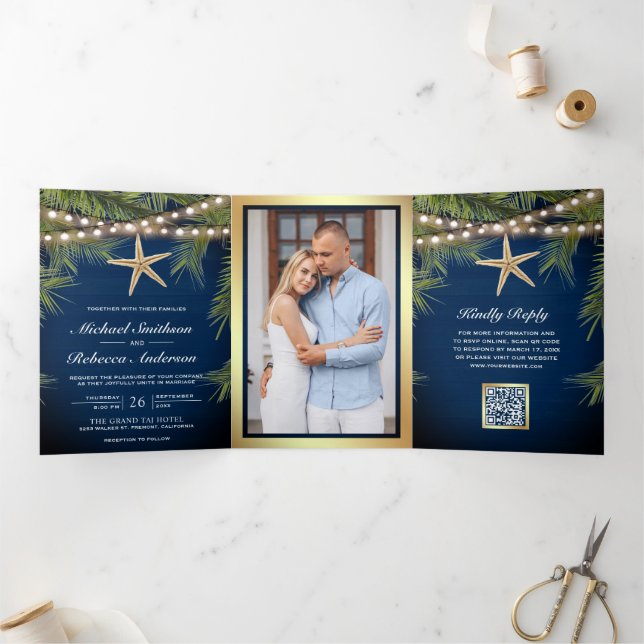 Navy Tropical Palm Leaves Starfish QR Code Wedding Tri-Fold Invitation (Inside)