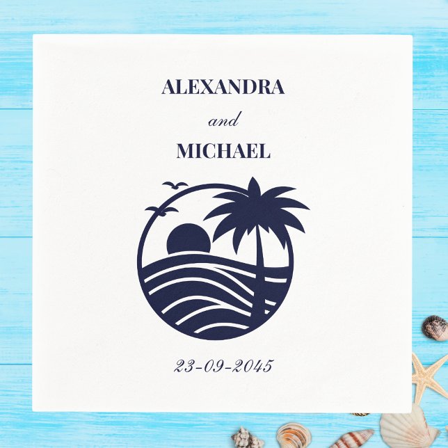 Navy Tropical Palm Tree Coastal Wedding Napkin (Creator Uploaded)