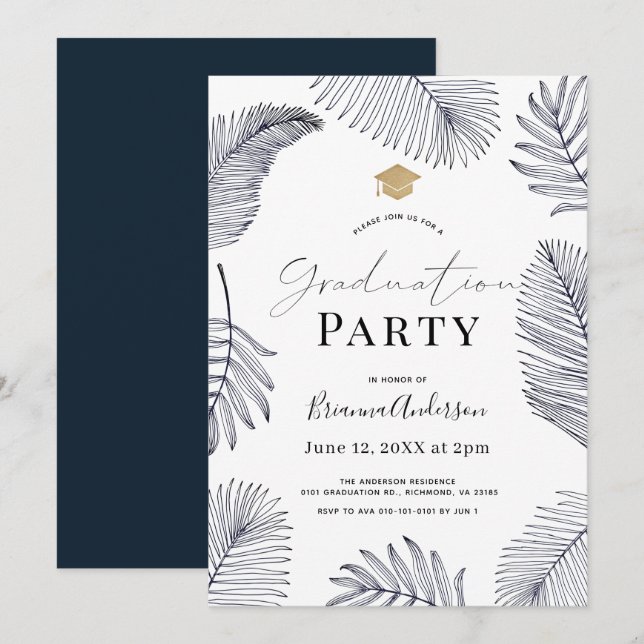 Navy Tropical Palm Tree Leaves Graduation Invitation (Front/Back)