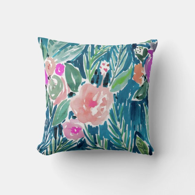 Navy Tropical Paradise Watercolor Floral Throw Pillow (Front)