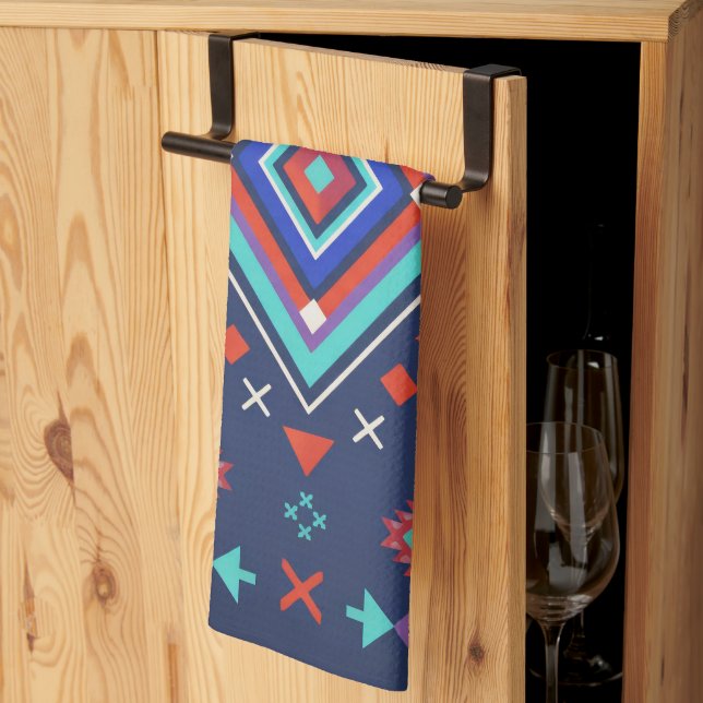 Navy Turquoise Boho Geometric Surface Pattern Kitchen Towel (Thirds Fold)