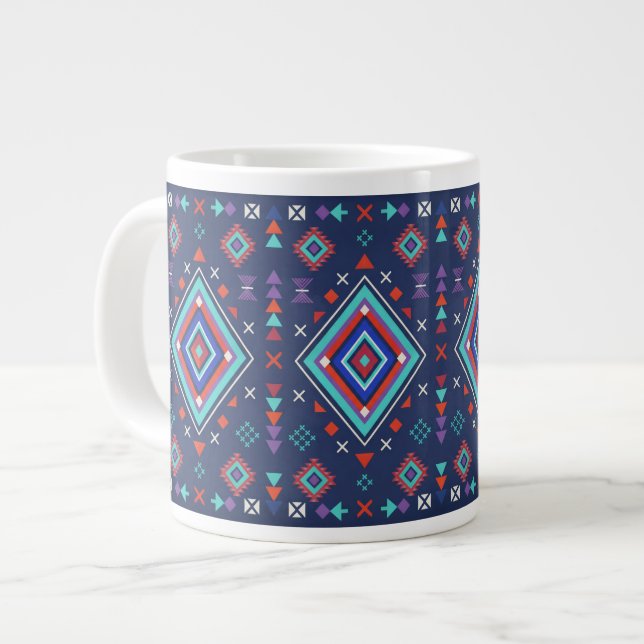 Navy Turquoise Boho Geometric Surface Pattern Large Coffee Mug (Front Left)