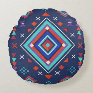 Navy Turquoise Boho Geometric Surface Pattern Round Pillow