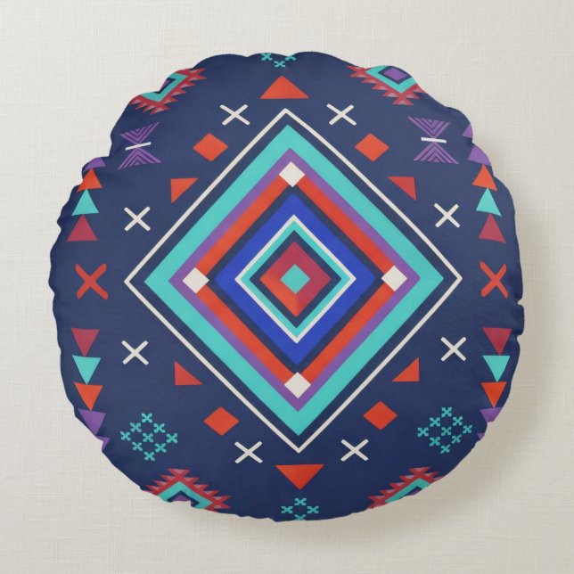 Navy Turquoise Boho Geometric Surface Pattern Round Pillow (Front)
