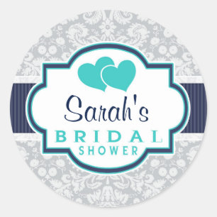 Navy, Turquoise, Grey Damask Bridal Shower Classic Round Sticker