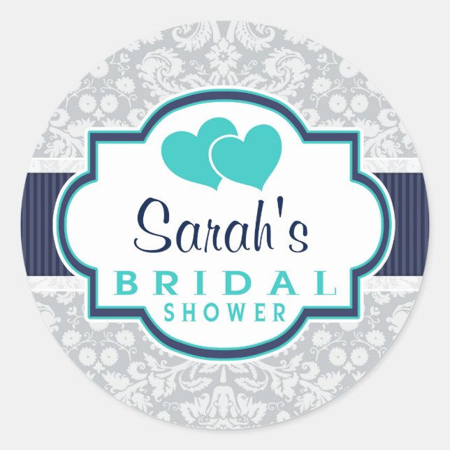 Navy, Turquoise, Grey Damask Bridal Shower Classic Round Sticker (Front)