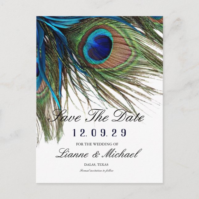 Navy Turquoise Peacock Feather Boho Save The Date Announcement Postcard (Front)