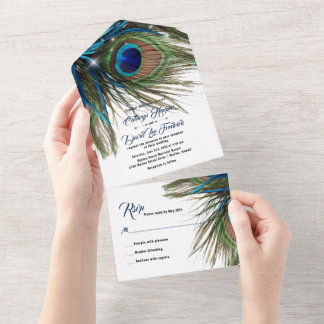 Navy Turquoise Peacock Feather Boho Wedding All In One Invitation