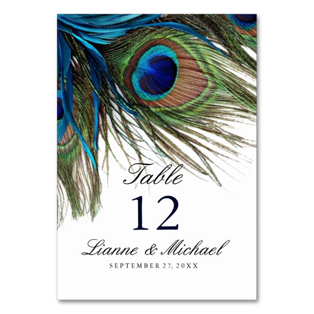 Navy Turquoise Peacock Wedding Table + Menu Card (Front)