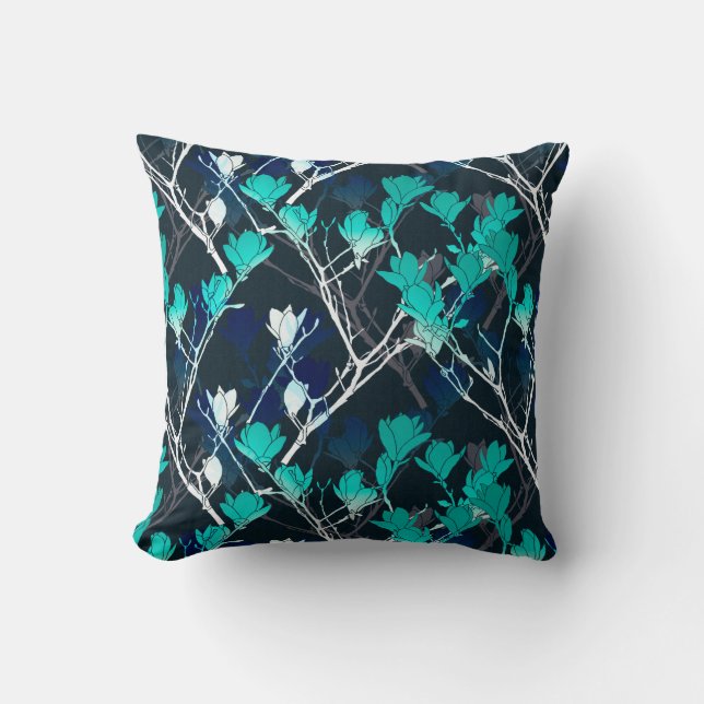 Navy Turquoise & White Modern Floral Pattern Throw Pillow (Front)