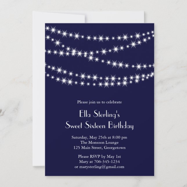 Navy Twinkle Lights Birthday Invitation (Front)