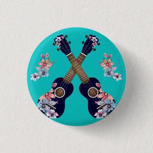 Navy Ukuleles with Floral Watercolour Elements Pap 1 Inch Round Button