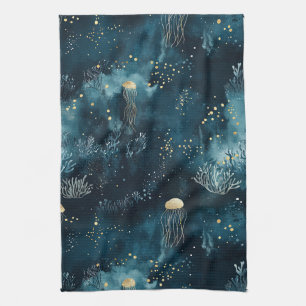 Navy Underwater Jellyfish Marine Life Pattern Kitchen Towel