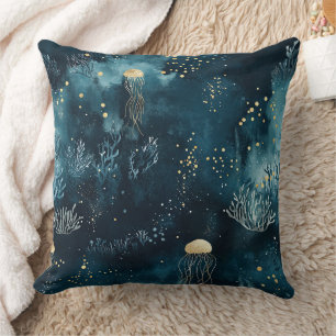 Navy Underwater Jellyfish Marine Life Pattern Throw Pillow
