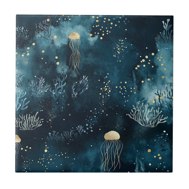 Navy Underwater Jellyfish Marine Life Pattern Tile (Front)