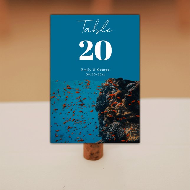Navy Underwater Sea Fish Reefs Ocean Beach Wedding Table Number (Creator Uploaded)